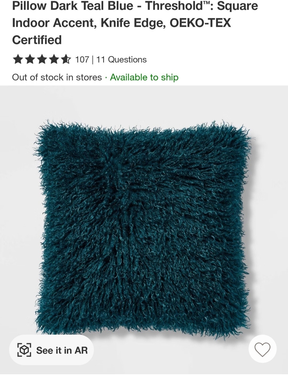 Threshold Dark Teal Blue Faux Fur Accent Pillow